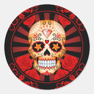 Vintage Red Sugar Skull with Roses Poster Classic Round Sticker