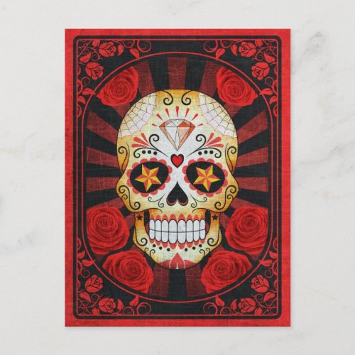 Vintage Red Sugar Skull with Roses Poster Postcard