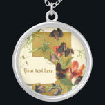 Vintage red sweet pea flowers silver necklace<br><div class="desc">Red and dark purple sweet pea flowers with green leaves vintage watercolor drawing silver necklace,  featuring a watercolor drawing of red and dark purple sweet pea flowers and a pinned note on brown and ivory background. A new approach to a vintage design.</div>