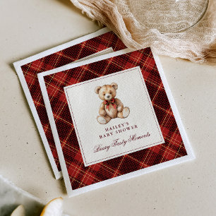 Vintage Red Tartan Teddy Bear Baby Shower Napkins