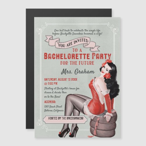 Vintage Red Teal Pin Up Girl Bachelorette Party Magnetic Invitation