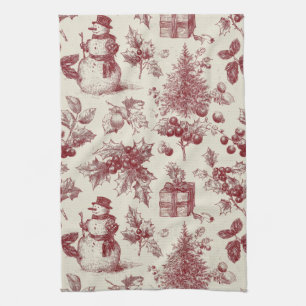 Vintage Red Toile Christmas Botanical - Holly Kitchen Towel