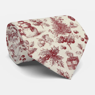 Vintage Red Toile Christmas Botanical - Holly Neck Tie