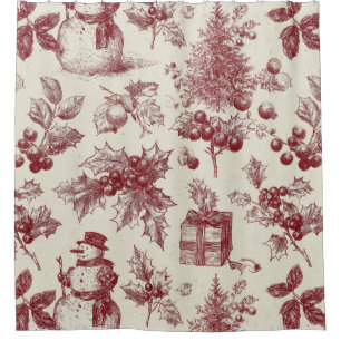 Vintage Red Toile Christmas Botanical - Holly Shower Curtain