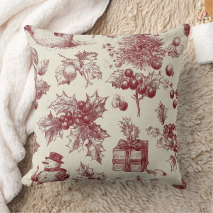 Vintage Red Toile Christmas Botanical - Holly Throw Pillow