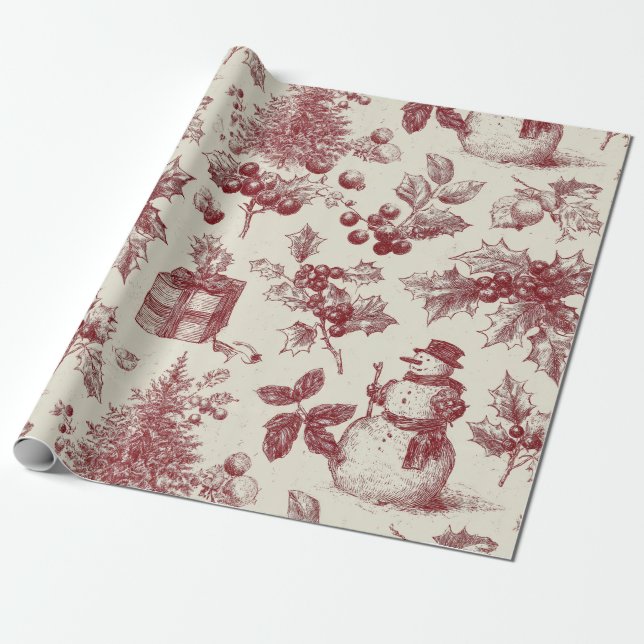 Vintage Red Toile Christmas Botanical - Holly Wrapping Paper (Unrolled)