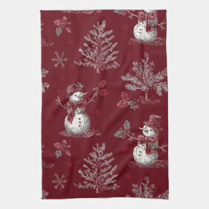 Vintage Red Toile Christmas Botanical - Snowman Kitchen Towel