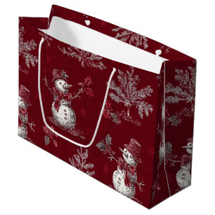 Vintage Red Toile Christmas Botanical - Snowman Large Gift Bag