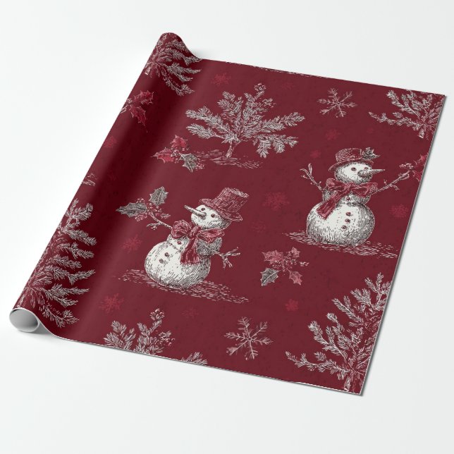 Vintage Red Toile Christmas Botanical - Snowman Wrapping Paper (Unrolled)