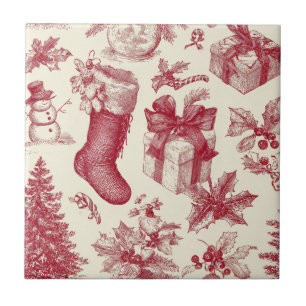 Vintage Red Toile Christmas Pattern with Stockings Ceramic Tile