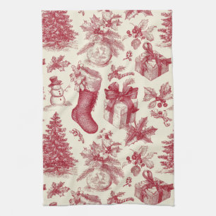Vintage Red Toile Christmas Pattern with Stockings Kitchen Towel