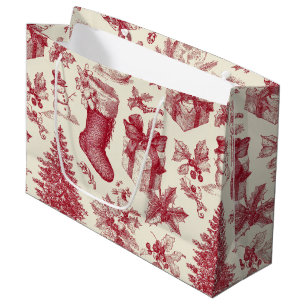 Vintage Red Toile Christmas Pattern with Stockings Large Gift Bag