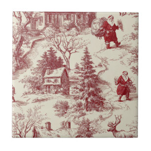 Vintage Red Toile Christmas Village - Santa Ceramic Tile