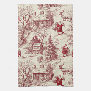 Vintage Red Toile Christmas Village - Santa Kitchen Towel