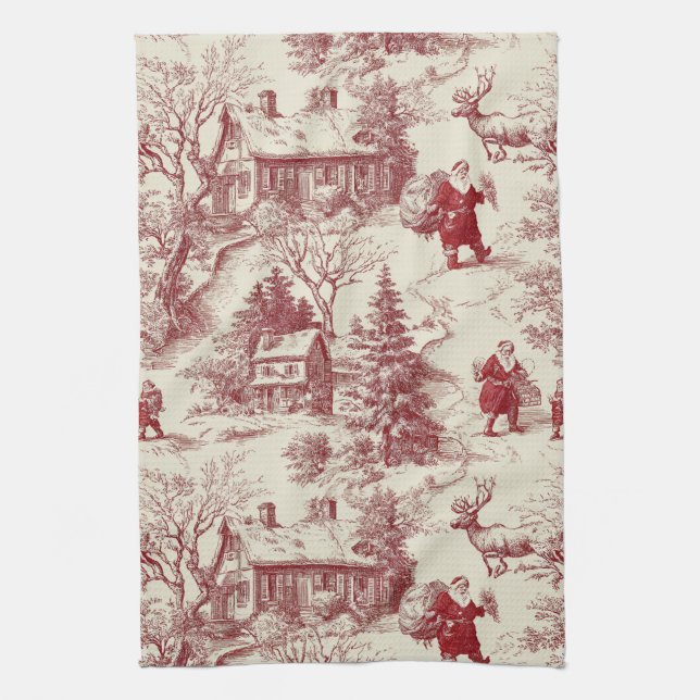 Vintage Red Toile Christmas Village - Santa Kitchen Towel (Vertical)