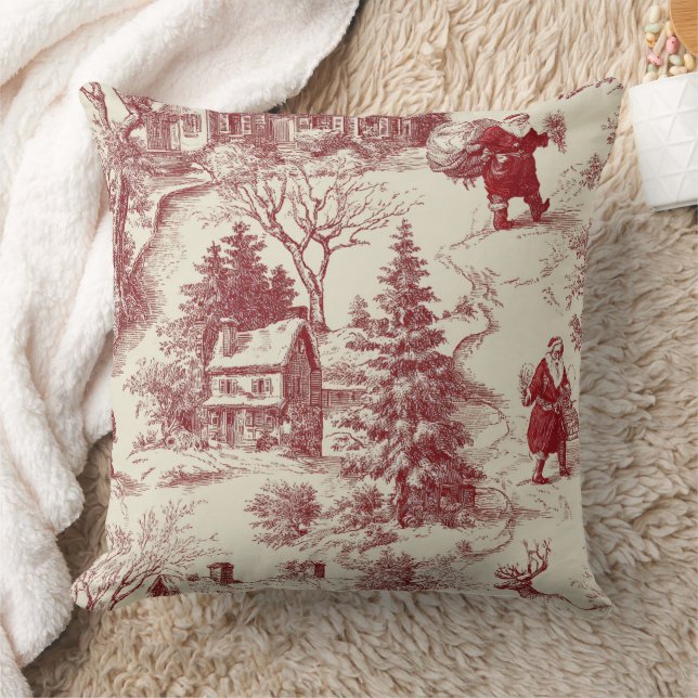 Vintage Red Toile Christmas Village - Santa Throw Pillow (Blanket)
