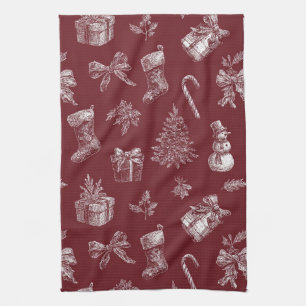 Vintage Red Toile Christmas with Stockings (2) Kitchen Towel