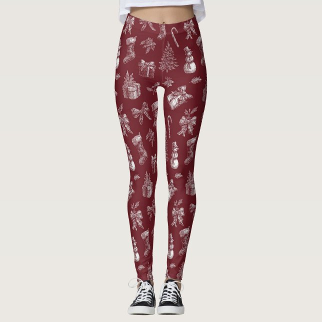 Vintage Red Toile Christmas with Stockings (2) Leggings (Front)