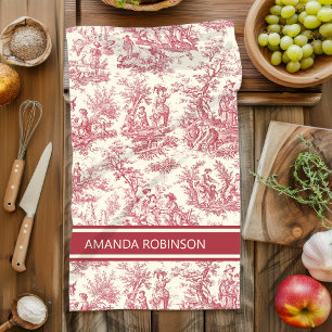 Vintage Red Toile De Jouy Countryside Scene Kitchen Towel