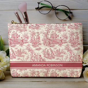 Vintage Red Toile De Jouy Scene Print Accessory Pouch