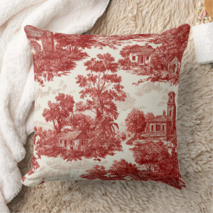 Vintage Red Toile Landscape Nature Pattern Throw Pillow