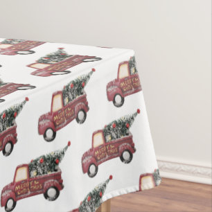 Vintage Red Toy Truck with Xmas Tree Pattern Tablecloth