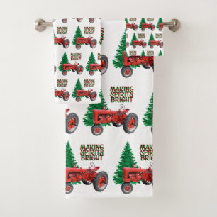 Vintage Red Tractor And Tree  Christmas Bath Towel Set