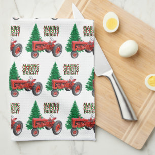 Vintage Red Tractor And Tree  Christmas   Kitchen Towel