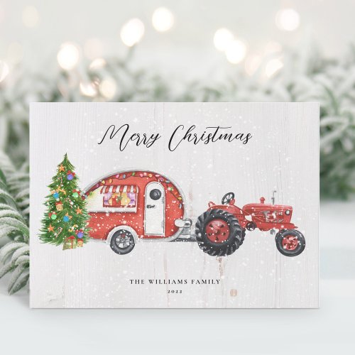 Vintage Red Tractor Camper Christmas Non_Photo Holiday Card
