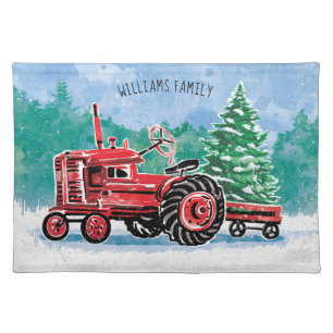 Vintage Red Tractor Christmas Tree Family Name Cloth Placemat