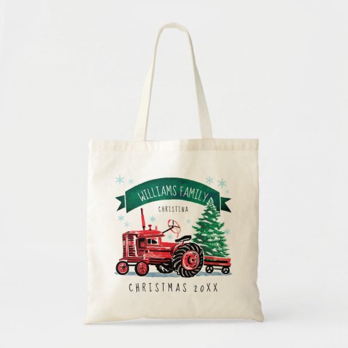 Vintage Red Tractor Christmas Tree Monogram Name Tote Bag