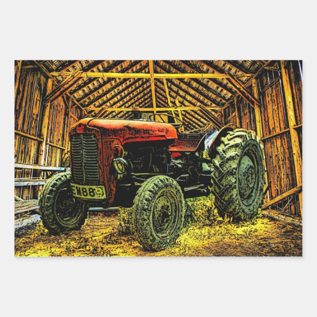 Vintage Red Tractor In Barn Wrapping Paper Sheets (Front)
