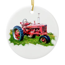 Vintage Red Tractor in the Field Ceramic Ornament