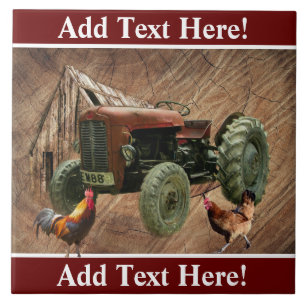 Vintage Red Tractor Rooster Hen Barn Ceramic Tile