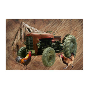 Vintage Red Tractor Rooster Hen Rustic Barn Shed Acrylic Print