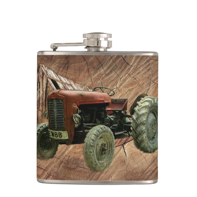 Vintage Red Tractor Rustic Barn Shed Flask (Front)