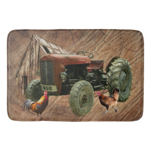Vintage Red Tractor Rustic Barn Shed Hen Rooster Bath Mat
