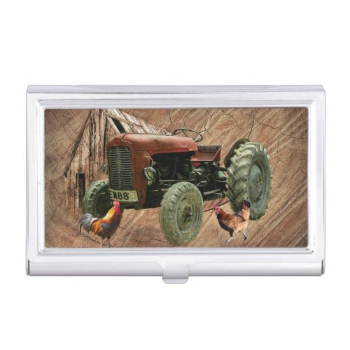 Vintage Red Tractor Rustic Barn Shed Hen Rooster Business Card Case