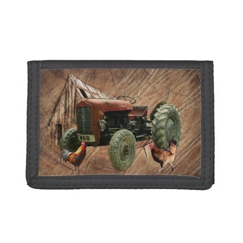 Vintage Red Tractor Rustic Barn Shed Hen Rooster Trifold Wallet