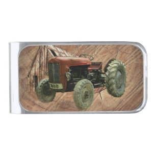 Vintage Red Tractor Rustic Barn Shed Silver Finish Money Clip