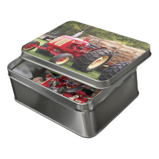 Vintage Red Tractor Sitting Hitched To A Hay Wagon Jigsaw Puzzle