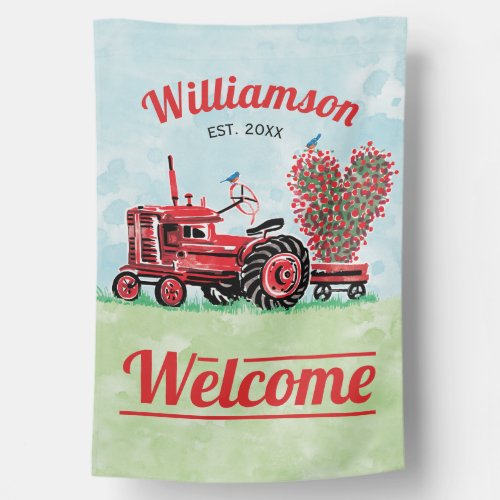 Vintage Red Tractor with Floral Heart Welcome House Flag