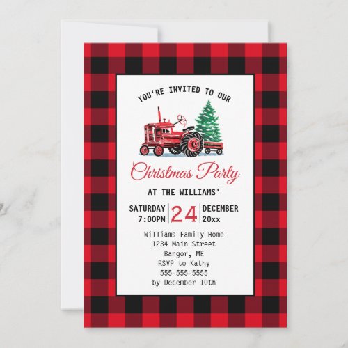 Vintage Red Tractor with Tree Christmas Party Invitation