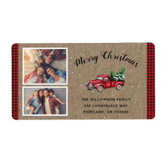 Vintage Red Truck 2 Photo Christmas Shipping Label