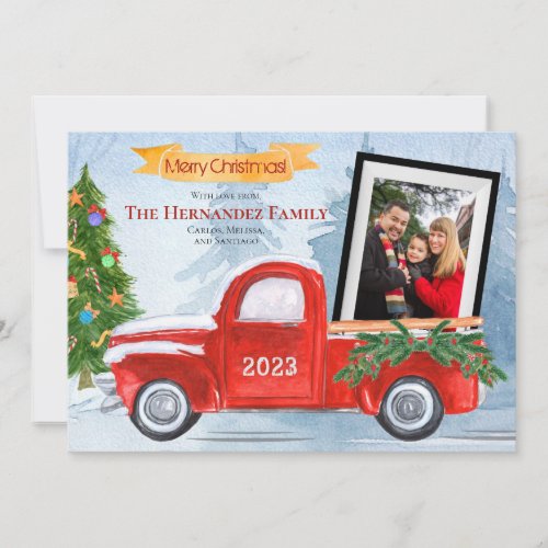 Vintage Red Truck 2 Photo Merry Christmas Holiday Card