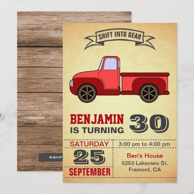 Vintage Red Truck 30th Birthday Party Invitation (Front/Back)