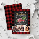 Vintage Red Truck 3 Photo Buffalo Plaid Christmas Holiday Card<br><div class="desc">Design features a chalkboard text box with red and black buffalo plaid stylish background. The design also features 3 personalized photo collage boxes that you can change to your own photos. The main design element is a vintage watercolor red old pickup truck that's carrying a Christmas tree. Random snowflakes are...</div>