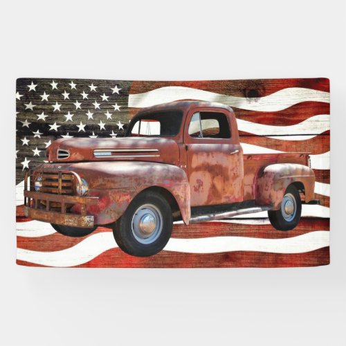 Vintage Red Truck American Flag Banner