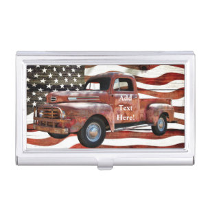 Vintage Red Truck American Flag Business Card Case