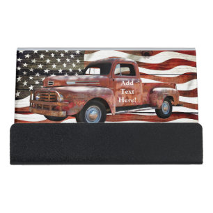 Vintage Red Truck American Flag Desk Business Card Holder